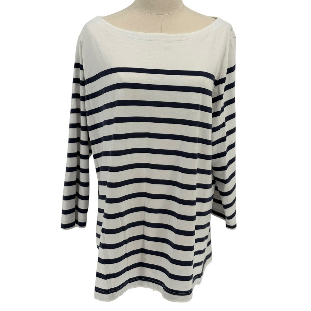 L.L. Bean Shirt White Navy Striped 3/4 Sleeve 100% Cotton XL Regular